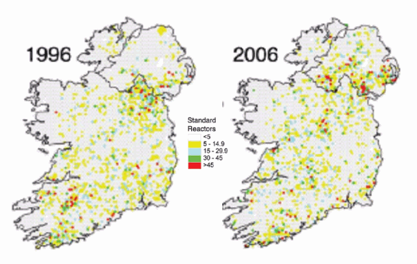 Distribution of bovine TB reactors in the Irish Republic and Northern Ireland in 1996 and 2006