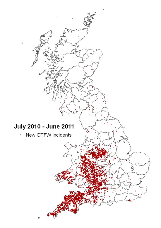 Location and distribution of confirmed cases of Foot and Mouth in Great Britain in 2001