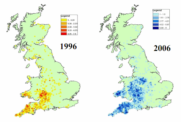Distribution of bovine TB reactors in Great Britain in 1996 and 2006